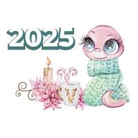 Pink snake girl in green sweater with cup and candle, candy cane and red poiscentia in watercolor style. Cartoon postcard with symbol hugge of Chines New Year 2025 for souvenirs, printing, packaging. vector