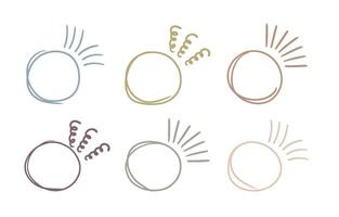 Doodle circle pastel brackets for quotation with sparkle ray elements. Hand drawn color round line frame for title headline illustration. Pastel speech bubble blob for dialog vector