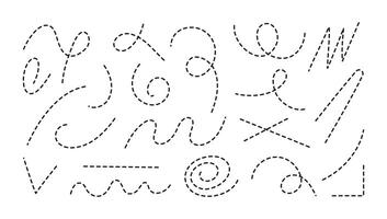 Dot lines, doodle dash pointers. Hand drawn curve abstract arrows. Dot circle elements, curve elements. icons vector