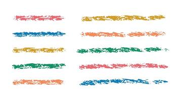 Chalk color handwriting lines, underlines, brush strokes, crayon pencil underlines. Sketch Charcoal straight horizontal lines. Scribble bright strokes. Grunge smears, thin and thick dividers. vector