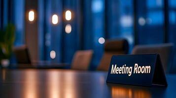 Meeting Room sign on office glass wall with empty collaboration workspace, large table, and armchairs in background. photo