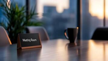 Meeting Room sign on office glass wall with empty collaboration workspace, large table, and armchairs in background. photo