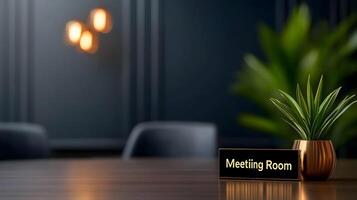 Meeting Room sign on office glass wall with empty collaboration workspace, large table, and armchairs in background. photo