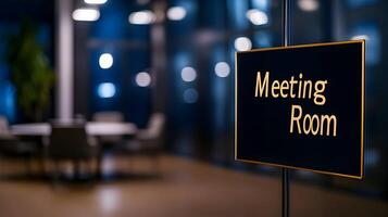 Meeting Room sign on office glass wall with empty collaboration workspace, large table, and armchairs in background. photo