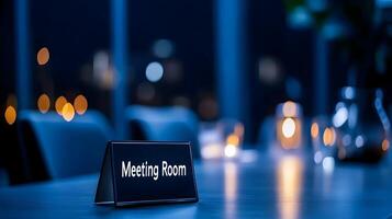 Meeting Room sign on office glass wall with empty collaboration workspace, large table, and armchairs in background. photo
