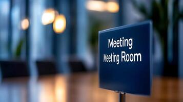 Meeting Room sign on office glass wall with empty collaboration workspace, large table, and armchairs in background. photo
