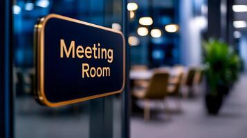 Meeting Room sign on office glass wall with empty collaboration workspace, large table, and armchairs in background. photo