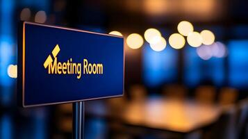 Meeting Room sign on office glass wall with empty collaboration workspace, large table, and armchairs in background. photo