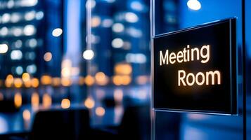 Meeting Room sign on office glass wall with empty collaboration workspace, large table, and armchairs in background. photo