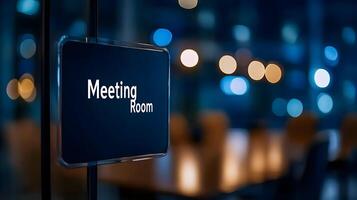 Meeting Room sign on office glass wall with empty collaboration workspace, large table, and armchairs in background. photo