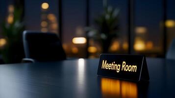 Meeting Room sign on office glass wall with empty collaboration workspace, large table, and armchairs in background. photo