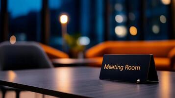 Meeting Room sign on office glass wall with empty collaboration workspace, large table, and armchairs in background. photo