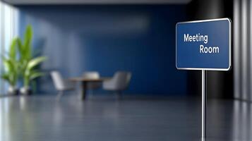 Meeting Room sign on office glass wall with empty collaboration workspace, large table, and armchairs in background. photo