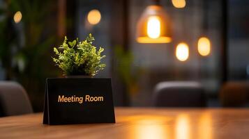Meeting Room sign on office glass wall with empty collaboration workspace, large table, and armchairs in background. photo