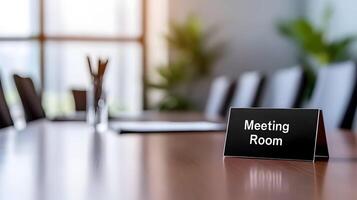 Meeting Room sign on office glass wall with empty collaboration workspace, large table, and armchairs in background. photo