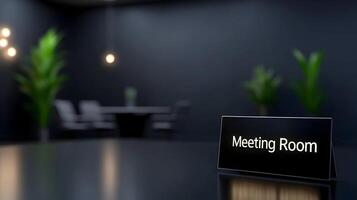 Meeting Room sign on office glass wall with empty collaboration workspace, large table, and armchairs in background. photo