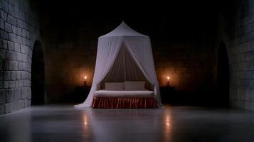 A bed with a canopy over it photo