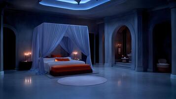 A bed with a canopy and a lamp in the middle of a room photo