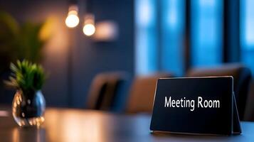 Meeting Room sign on office glass wall with empty collaboration workspace, large table, and armchairs in background. photo