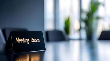 Meeting Room sign on office glass wall with empty collaboration workspace, large table, and armchairs in background. photo