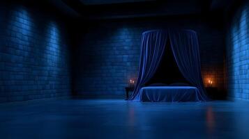 A dark room with a bed and a blue curtain photo