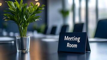 Meeting Room sign on office glass wall with empty collaboration workspace, large table, and armchairs in background. photo