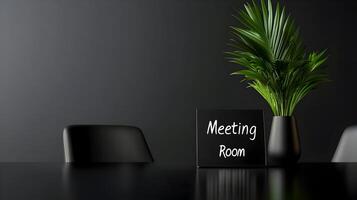 Meeting Room sign on office glass wall with empty collaboration workspace, large table, and armchairs in background. photo