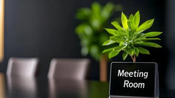 Meeting Room sign on office glass wall with empty collaboration workspace, large table, and armchairs in background. photo