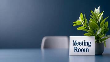 Meeting Room sign on office glass wall with empty collaboration workspace, large table, and armchairs in background. photo