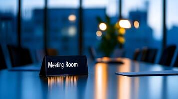 Meeting Room sign on office glass wall with empty collaboration workspace, large table, and armchairs in background. photo