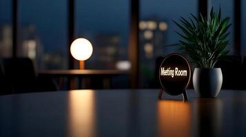 Meeting Room sign on office glass wall with empty collaboration workspace, large table, and armchairs in background. photo