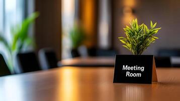 Meeting Room sign on office glass wall with empty collaboration workspace, large table, and armchairs in background. photo