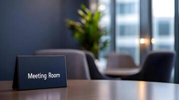 Meeting Room sign on office glass wall with empty collaboration workspace, large table, and armchairs in background. photo