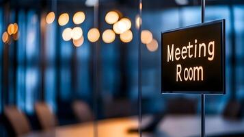 Meeting Room sign on office glass wall with empty collaboration workspace, large table, and armchairs in background. photo