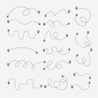 Airplane routes set. Plane route line. Planes dotted flight pathway. Aircraft tracking, planes, travel, map pins, location pins. Airplane flying dotted line to destination vector