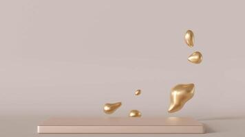 Luxurious podium with fluid golden splash. Ideal for highlighting premium goods in a graceful and sophisticated manner. Empty scene. Stage, display, showcase. Molten gold. 3D animation. video