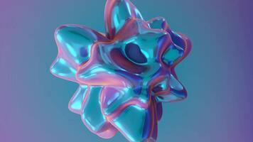 3D animation of abstract iridescent 3D shape with smooth fluid surface reflecting vibrant hues of blue, purple on gradient background. Perfect for futuristic, creative, tech-themed projects, branding. video