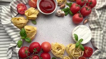 Italian food frame rotating on table with copy space in center video