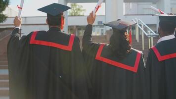 Three college graduates in graduation gowns with diploma in university campus, back view video