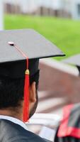 Multiracial diversity graduates in the mantles talking at university campus, back view. Vertical video