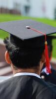 Multiracial diversity graduates in the mantles talking at university campus, back view. Vertical video