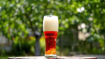 Cold beer in a glass with white foam. Craft beer in a glass with small bubbles inside. Cool brown beverage on a table outdoors. Close-up. video