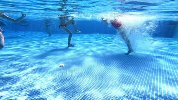 Female legs under water in the pool. Children are walking in the clear blue water of the swimming pool. Underwater camera shoot the from the bottom of the pool. video