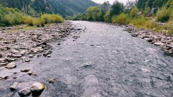 Rocky River Flowing Through Lush Forested Area. A serene river flowing over smooth rocks, bordered by lush greenery and trees on each side, winding through a peaceful forested landscape. video