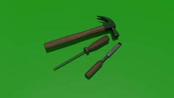 A hammer and screwdriver on a green background photo