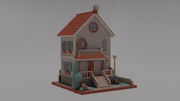 A small house with a red roof and a white front door photo