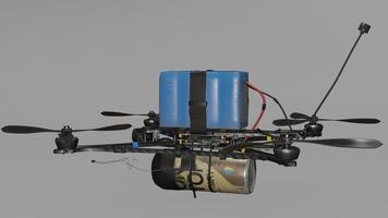 A small drone with a large container attached to it photo