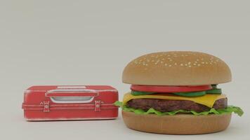 A hamburger and a red box photo