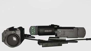 A camera and a flashlight are shown on a white background photo