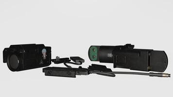 A camera and a flashlight are shown next to each other photo